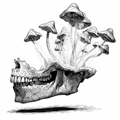 Mushrooms growing from a cracked jawbone, alchemical ingredient, hand drawn ink sketch.