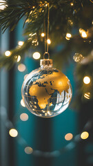 A delicate glass globe ornament hangs amidst festive christmas tree lights representing global unity