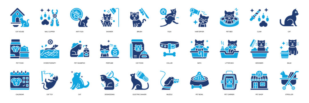 Cat Grooming Solid style. Containing Cat House, Nail Clipper, Anti Flea, Shower, Brush, Flea, grooming