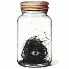 Cracked glass jar with dark misty spirit and eyes inside, alchemist item, hand drawn ink sketch.