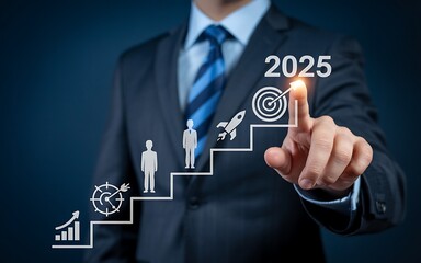 Businessman pointing to 2025 with staircase and rocket icons