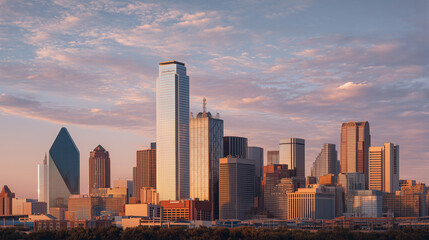skyline of modern glass towers in city with blue sky background