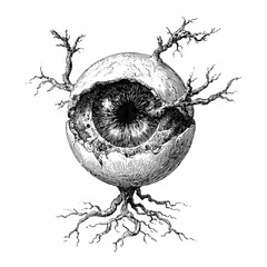 Human eyeball with gnarled tree roots, eldritch horror ingredient, hand drawn ink sketch.