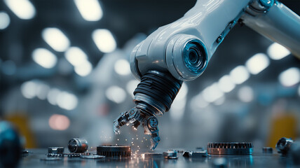 工場内で精密部品を解体する自動化ロボットアーム