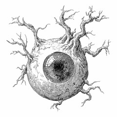 Human eyeball with gnarled tree roots, eldritch horror ingredient, hand drawn ink sketch.