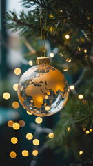 A festive christmas tree ornament depicting the world globe lit with soft bokeh lights