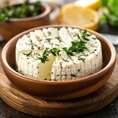 Round, textured white cheese seasoned with green herbs in a wooden bowl atop a wooden board