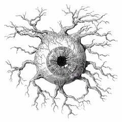 Human eyeball with gnarled tree roots, eldritch horror ingredient, hand drawn ink sketch.