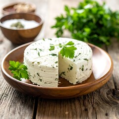 Round, white cheese with herbs on a wooden plate beside parsley, on a weathered, light wood surface