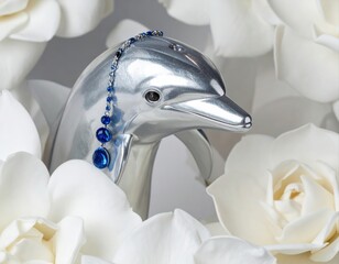 Silver dolphin with blue jewels in white roses