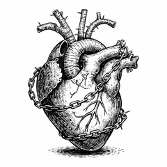 Human heart bound by rusted iron chains, dark magic symbol, hand drawn ink sketch.