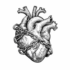 Human heart bound by rusted iron chains, dark magic symbol, hand drawn ink sketch.