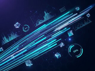 Futuristic digital background with neon light trails and icons