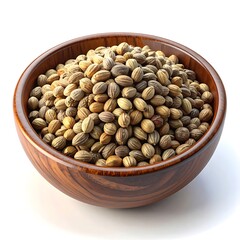 Round wooden bowl is filled to the brim with brownish seeds. White background. Lighting from above