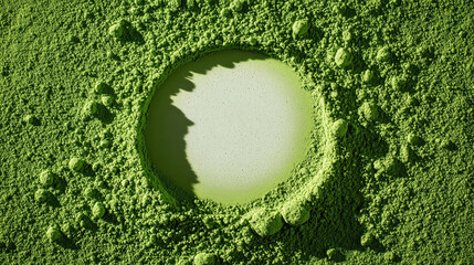 Minimalist green matcha powder background with a perfect white circle in the center, providing clean space for text, design, or product presentation.
