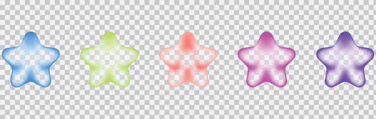 A row of colorful translucent star shaped objects on a transparent background