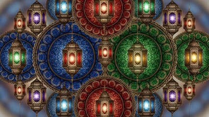 Colorful lanterns in circular patterns.