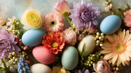 Obraz premium Beautiful Easter eggs nestled amongst a vibrant spring floral arrangement