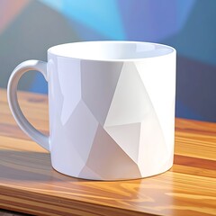 White mug with geometric facets sits on wood, backlit by an abstract, blue and brown background