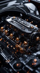 Fototapeta premium A shiny engine with gold details under the bonnet of a car emphasises technical perfection and luxury, making it ideal as a backdrop for presentations of automotive innovations or tuning studios.