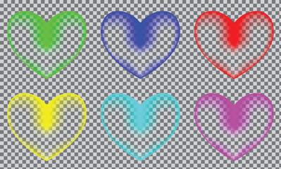 A collection of colorful hearts in shades of green blue yellow and pink