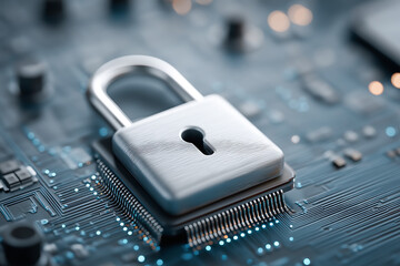 Digital lock symbol integrated on a microchip, representing data protection, cybersecurity, encryption and secure digital technology concepts.