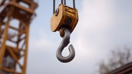 Fototapeta premium A close up of a robust yellow industrial crane hook and pulley system suspended against a cloudy sky