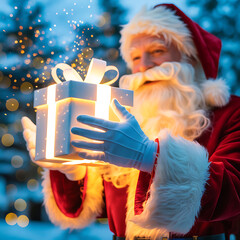 Santa claus presenting a glowing gift with a white ribbon winter holiday season