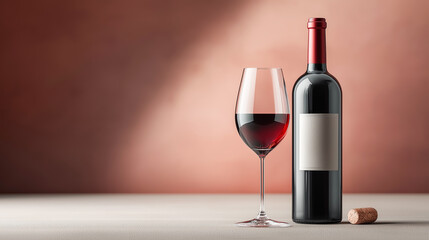 Wine bottle with a blank label and a glass filled with red wine placed on a pink background with copy space, suitable for wine branding, packaging and product presentation.