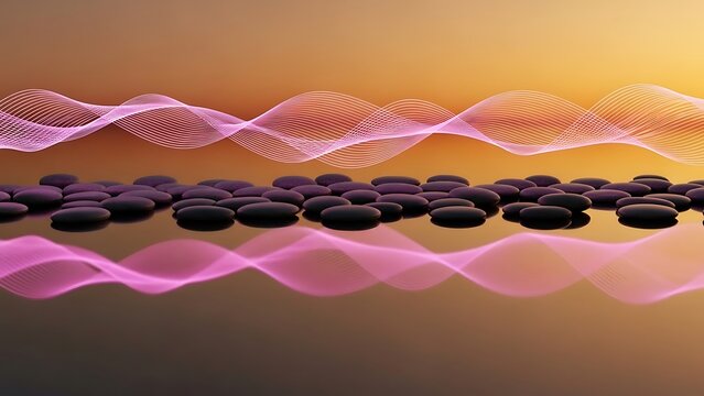 A vibrant digital illustration of wavy lines and purple stones at sunset