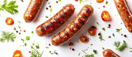 Appetising baked sausages with herbs and vegetables are perfect for a culinary blog as an atmospheric backdrop for recipes and gastronomic articles.