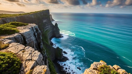 A stunning cliffside overlooking a vast ocean with turquoise water