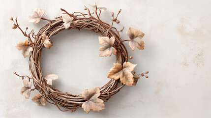 Decorative wreath of dried grape branches against a gray wall, minimalist composition with copy space for text and design.