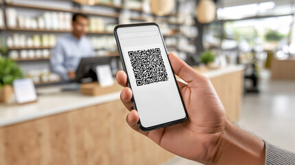 Smartphone in hand with a QR code against the background of a supermarket checkout counter, a symbol of mobile shopping, digital services, retail technologies, and user interface.