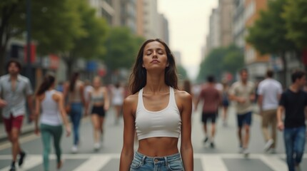 Fototapeta premium Mujer practicando respiración consciente, pausa en la calle