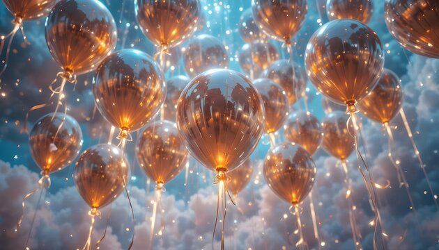 &ldquo;Floating metallic balloons connected with luminous ribbons, futuristic celebration in the sky, holographic textures, sci-fi lighting, hyper-realistic render.&rdquo;
