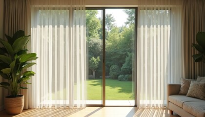 Sheer curtains frame large sliding glass door, revealing green garden with trees, manicured lawn. Sunlight streams through, casting striped shadows on wooden floor. Large potted plant stands to left.