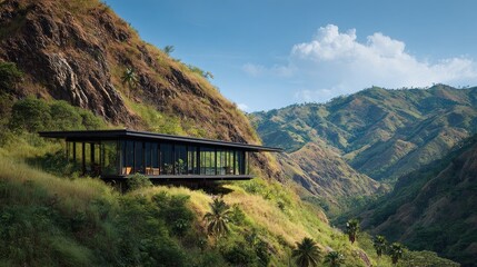 Modern house perched on mountain slope with expansive panoramic views