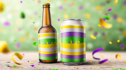 Alcoholic drinks decorated in traditional carnival colors on a background of colorful confetti explosion, symbolizing celebration, party, festival mood and festive lifestyle