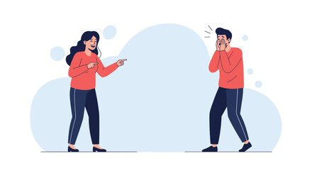 Woman laughing and pointing at a man who looks shocked and embarrassed in a humorous character interaction illustration on blue background.