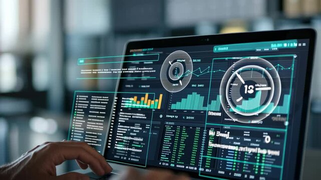 A person analyzing data on a laptop screen displaying charts and graphs.