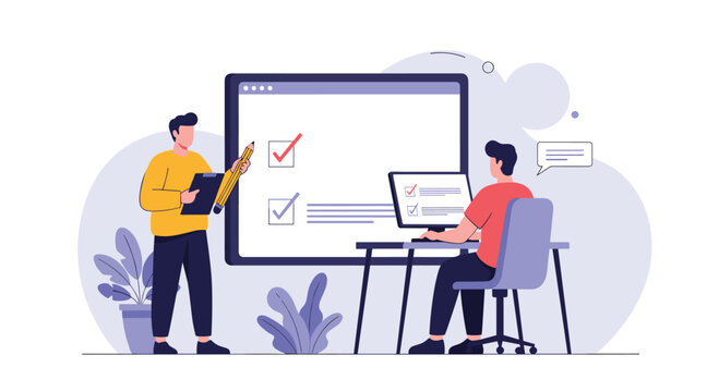 Two business professionals collaborating on a large digital checklist screen representing project management and task completion concepts.