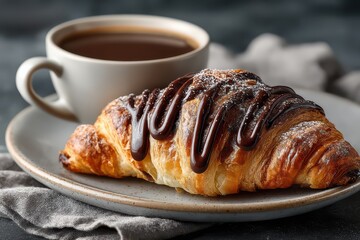 Chocolate croissant and hot coffee for breakfast