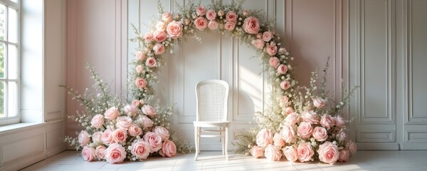 Archway adorned with pink roses and baby breath. White chair sits under arch. Natural light streams from window creating soft shadows. Elegant wedding ceremony backdrop.
