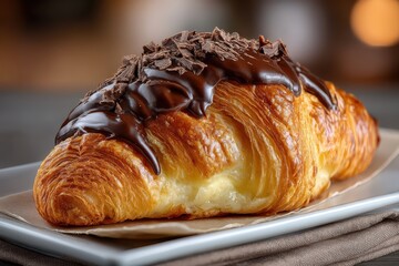 Golden Croissant with Rich Dark Chocolate Drizzle and Shavings