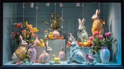 Fototapeta premium Charming Easter window display featuring bunnies, chicks, and spring flowers
