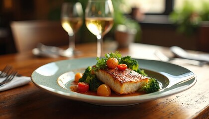 Cooked fish fillet with broccoli florets, cherry tomatoes sits on plate beside two wine glasses. Meal served at restaurant table. Fine dining experience invites guests to enjoy delicious food, fine