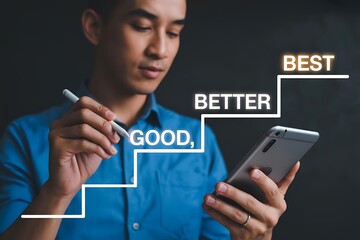 Young man holding smartphone evaluating performance
