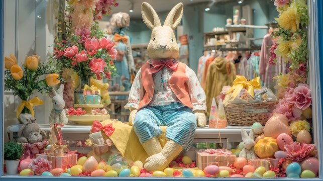 Charming Easter bunny display in a store window with flowers and gifts