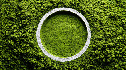 Minimalist green matcha powder background with a perfect white circle in the center, providing clean space for text, design, or product presentation.
